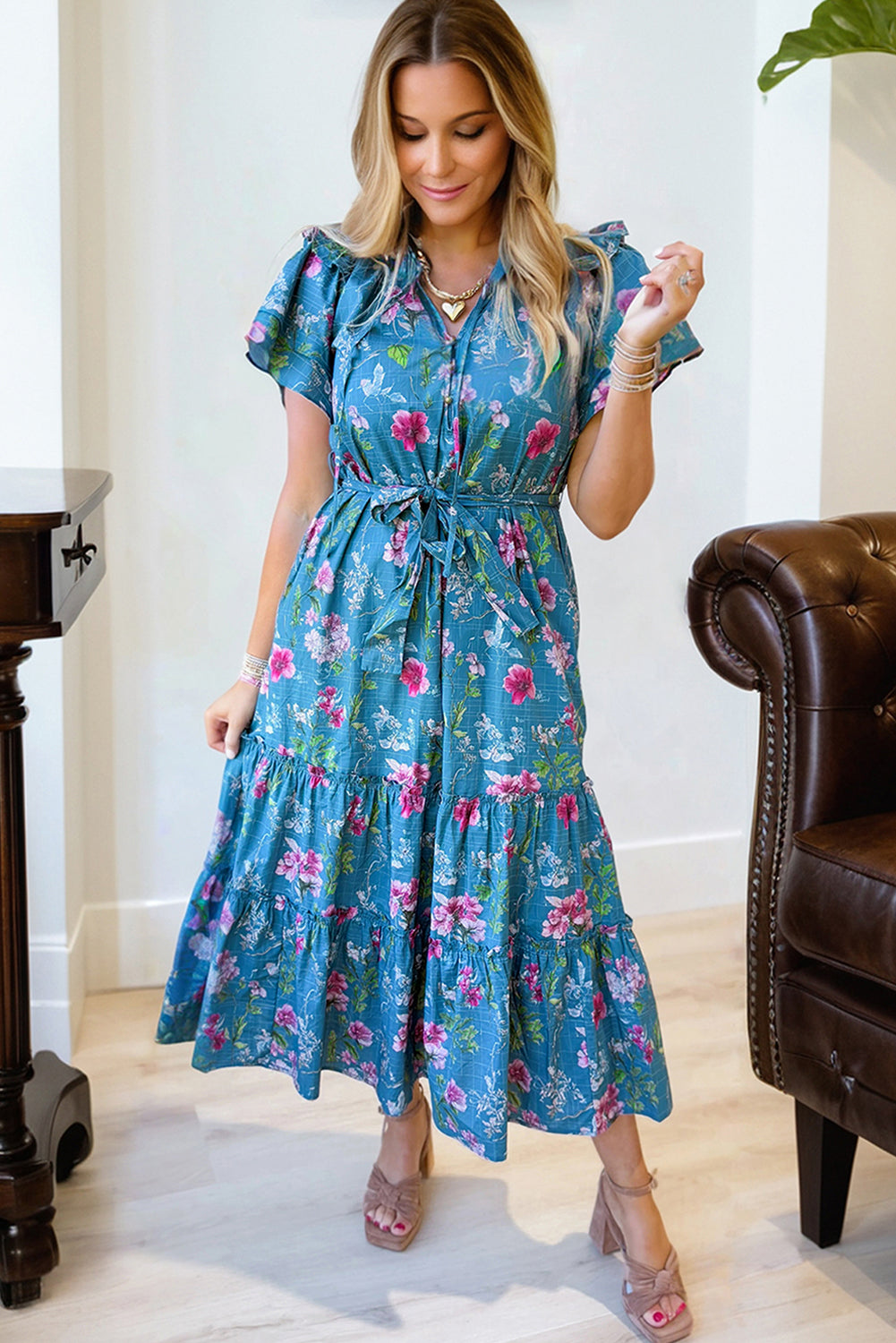 Floral Flutter Sleeve Button Tie Split Neck Belted Maxi Dress - Dresses/Maxi Dresses