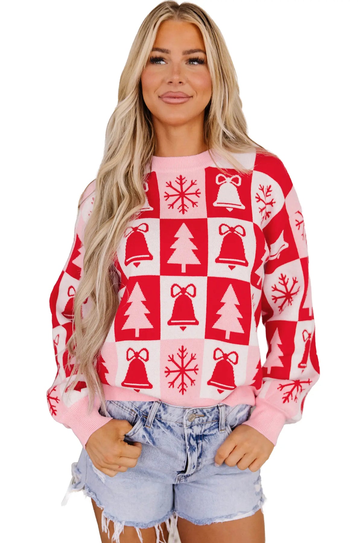 Pullover Christmas Plaid Round Neck Long Sleeve Tunic Sweater