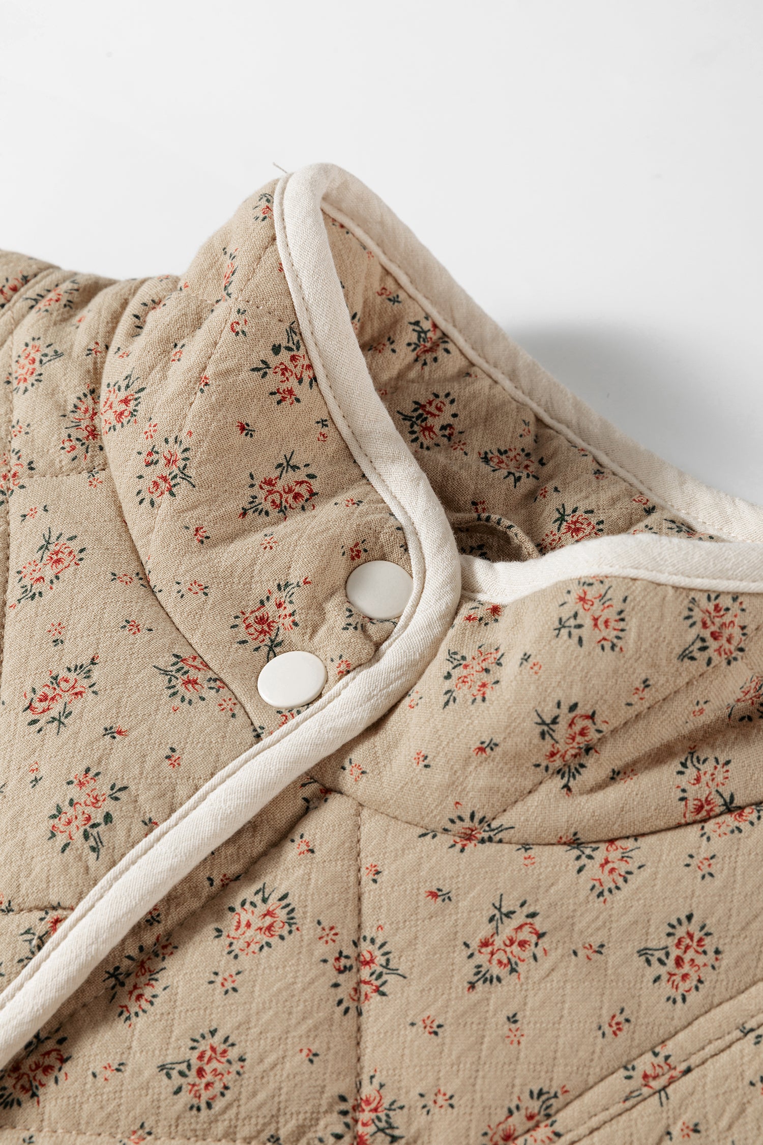 Floral Print Quilted Concealed Button Vest – Khaki