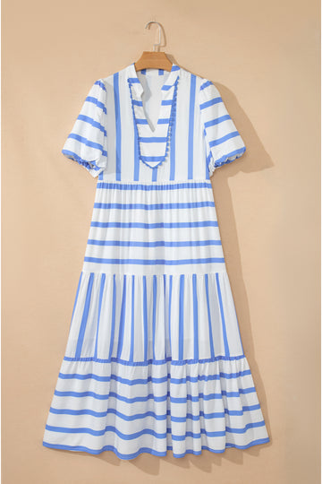Stripe RicRac Trim Notched Neck Half Sleeve Long Dress