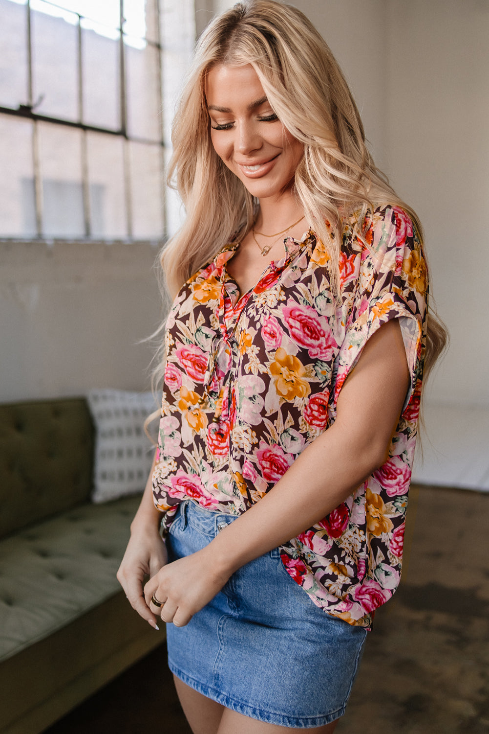 Pink Floral Print Crew Neck Short Sleeve Shift Blouse eAura