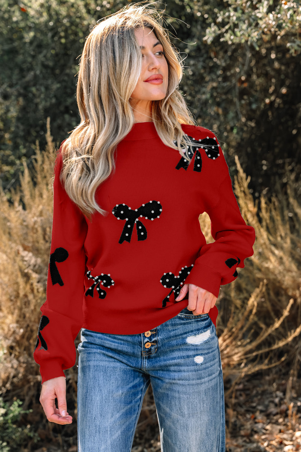 Pearl Embellished Bow Pattern Loose Sweater - eAura