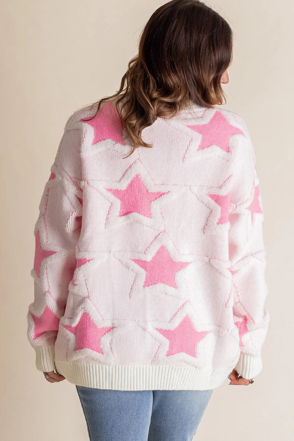 Pink Oversized Cute Star Pattern Ribbed Edge Drop Shoulder Sweater eAura
