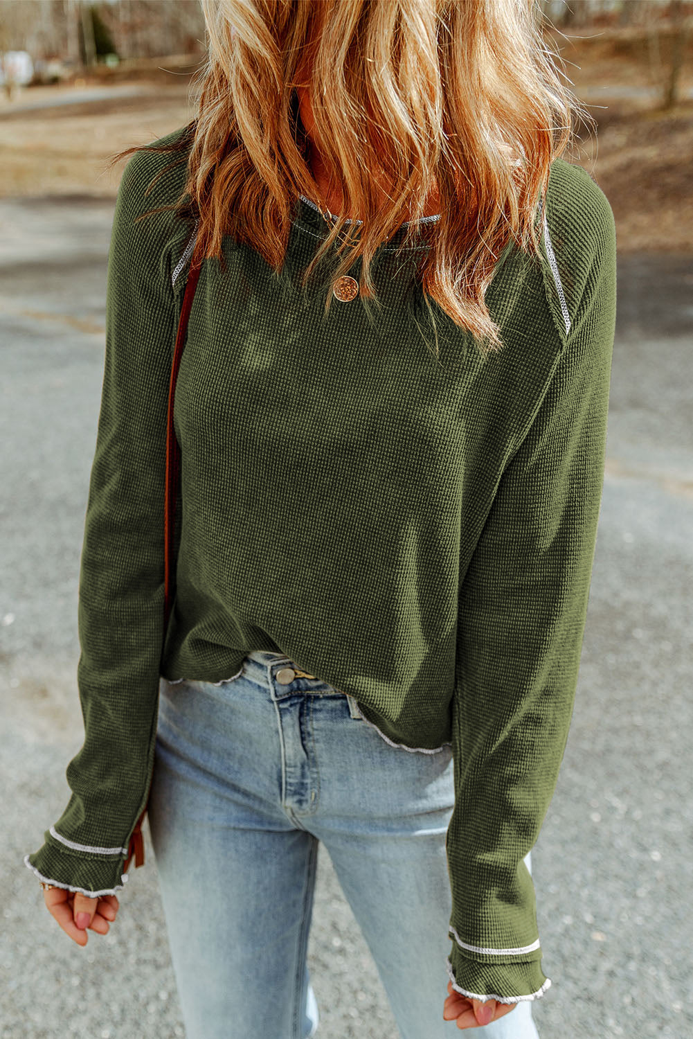 Fiery Red Textured Round Neck Long Sleeve Top eAura