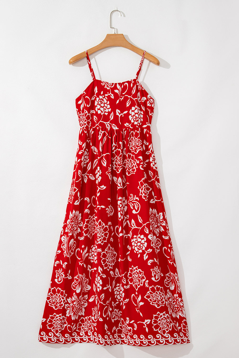 Red Floral Printed Spaghetti Strap Empire Waist Maxi Dress eAura