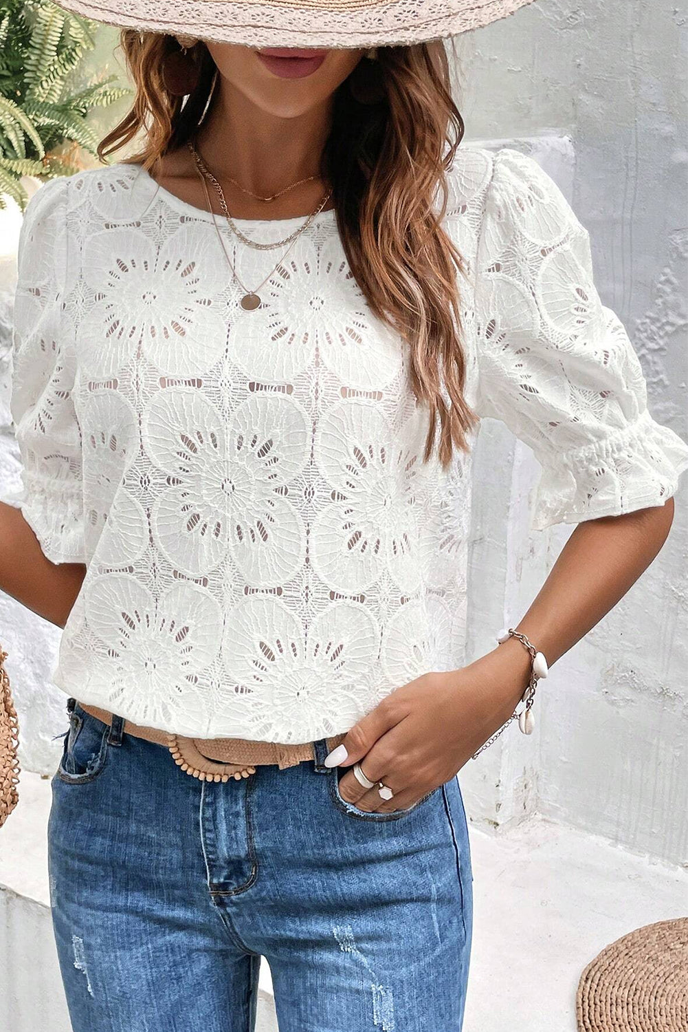 Black Flower Eyelet Jacquard Keyhole Flounce Sleeve Top eAura