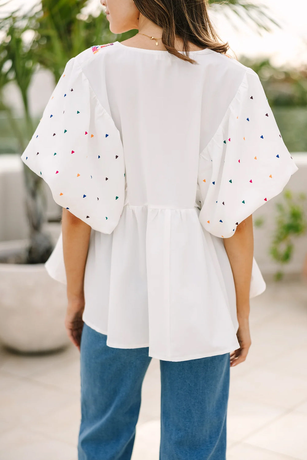White Embroidered Puff Sleeve V Neck Blouse eAura