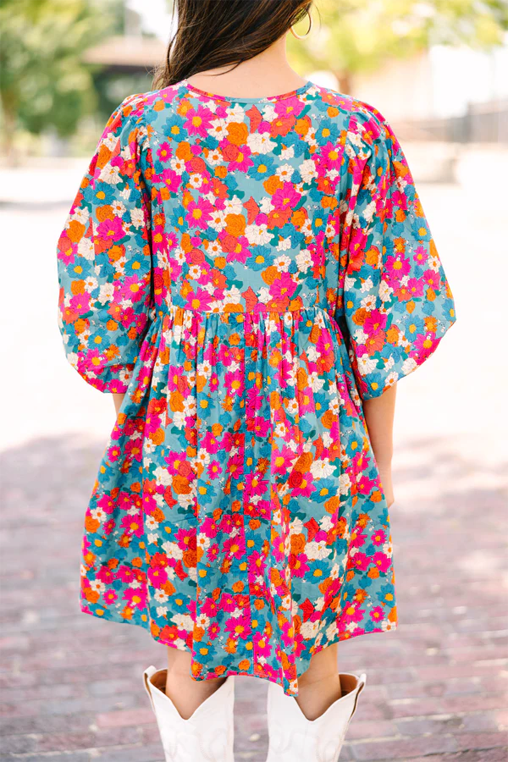 Sky Blue Floral Print Tie Split Neck Bubble Sleeve Babydoll Dress eAura