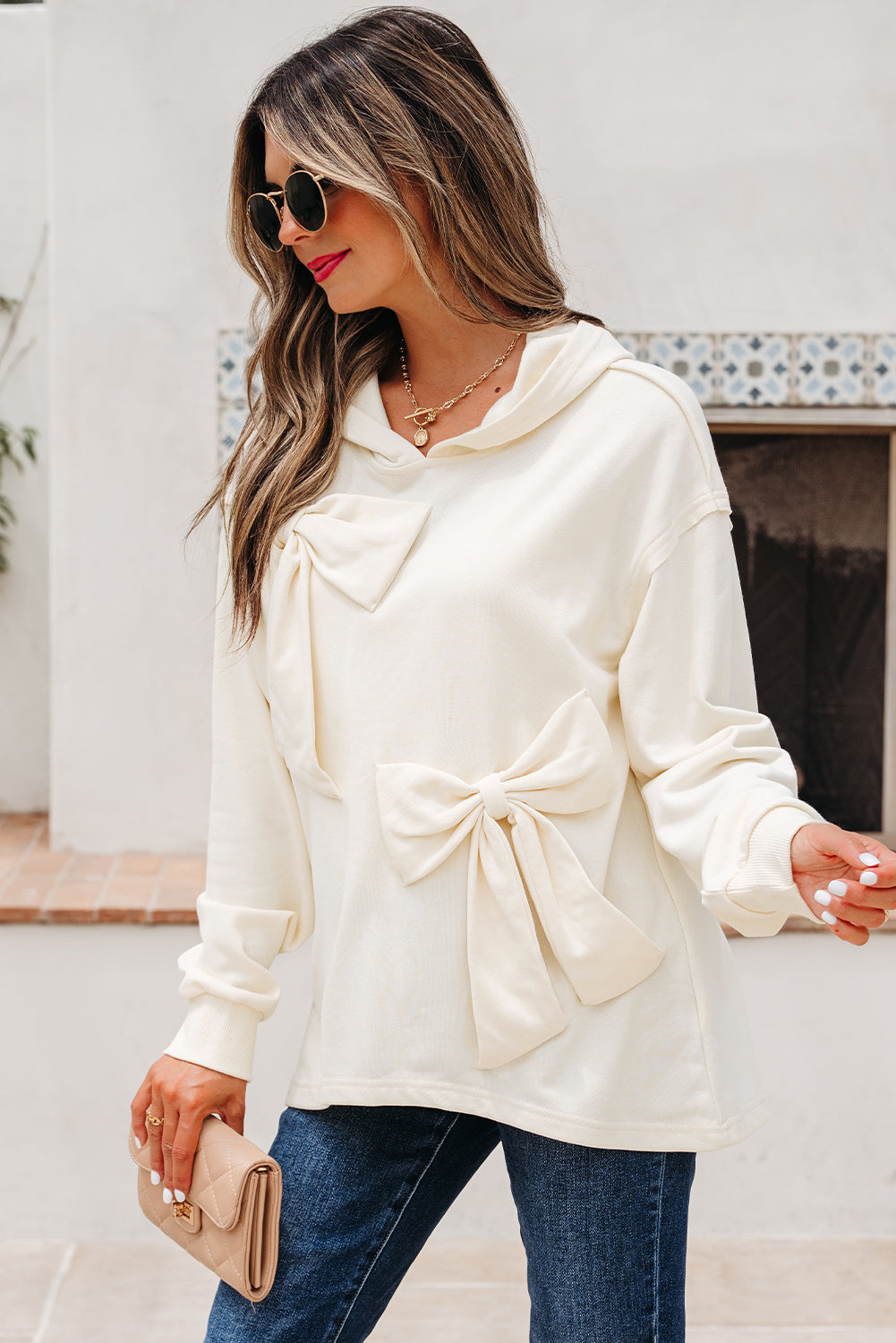 White Cute Bow Detail Baggy Hoodie eAura