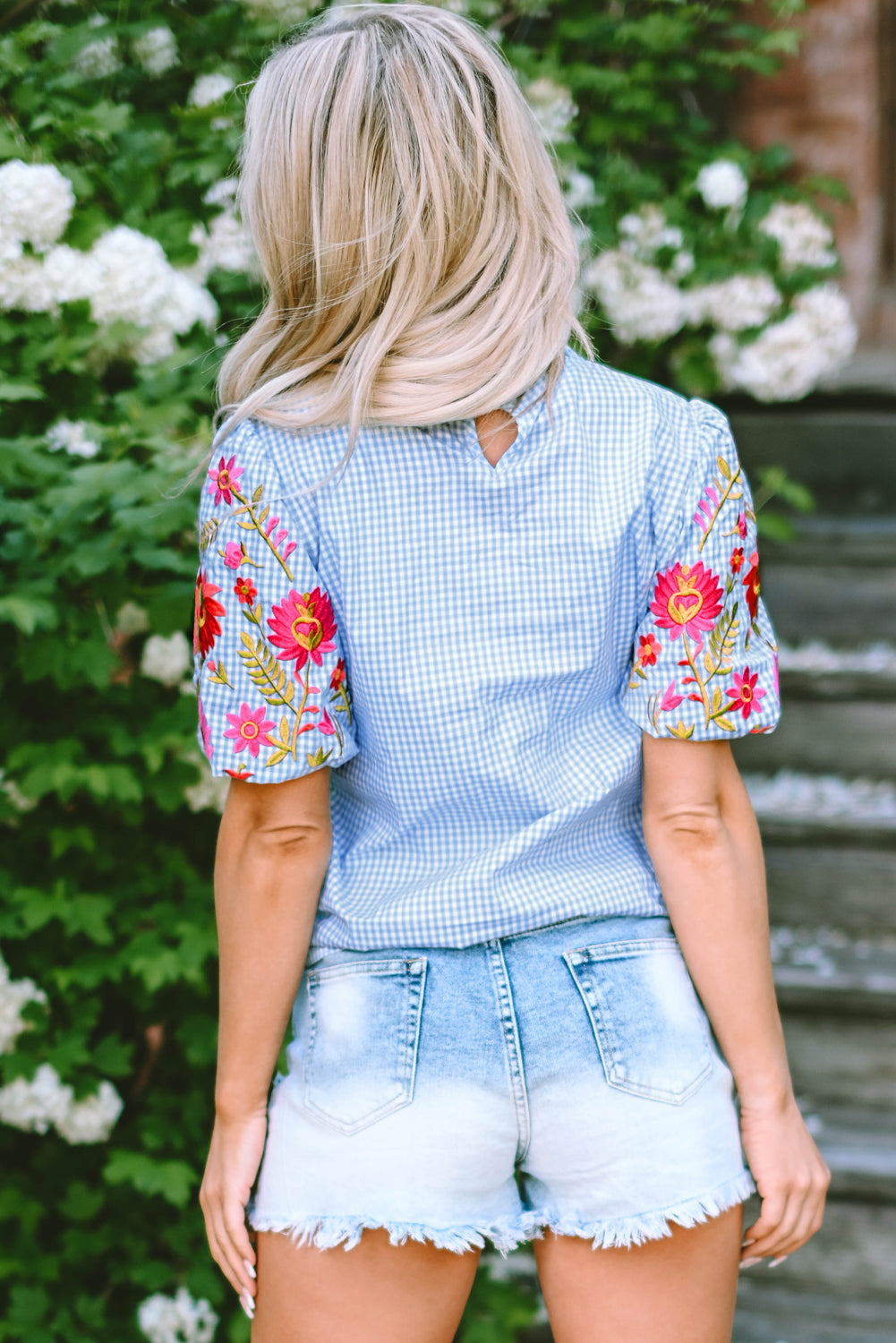 Light Blue Gingham Floral Embroidered Puff Sleeve Blouse eAura