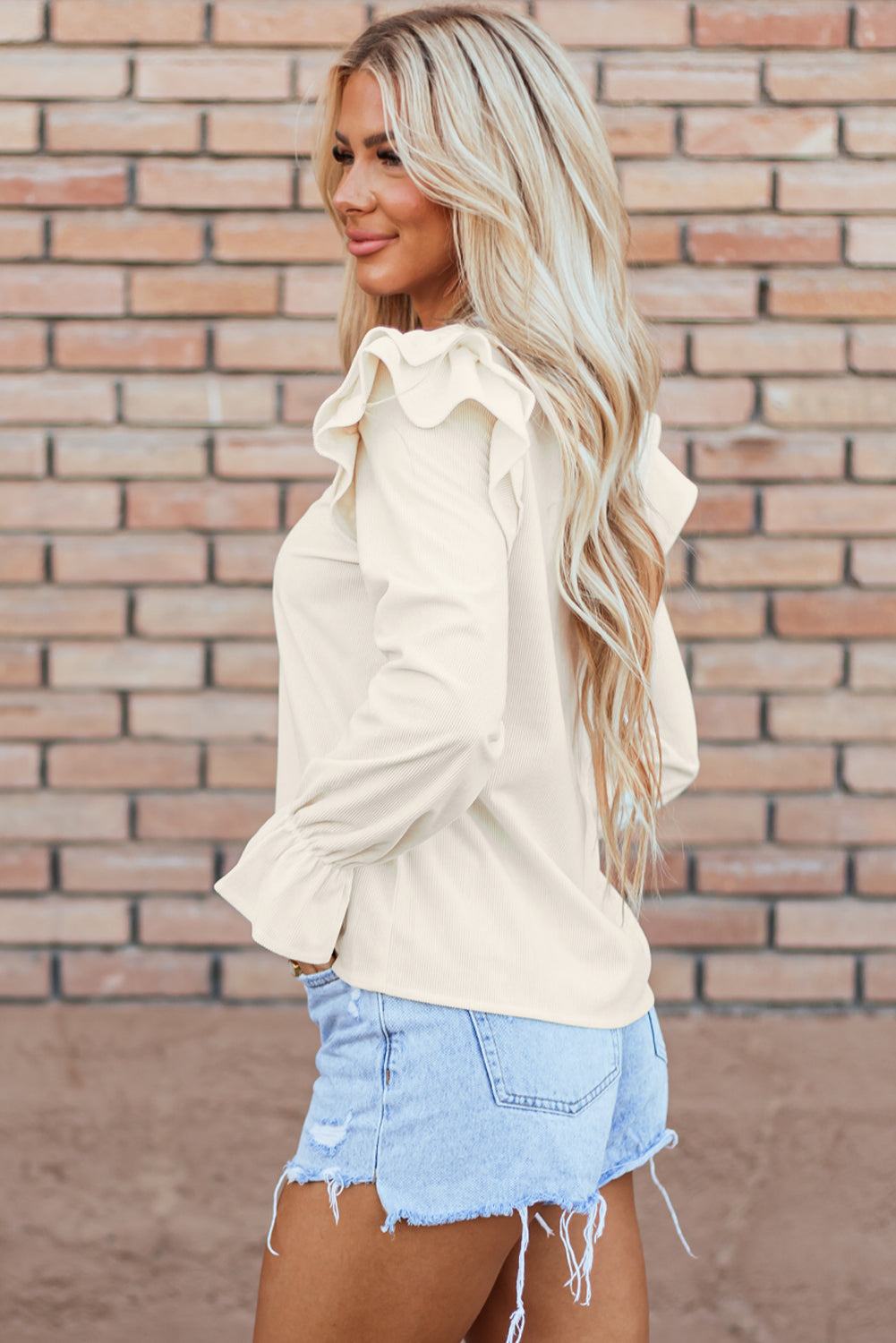 Beige Ruffled Flounce Sleeve Corduroy Blouse eAura