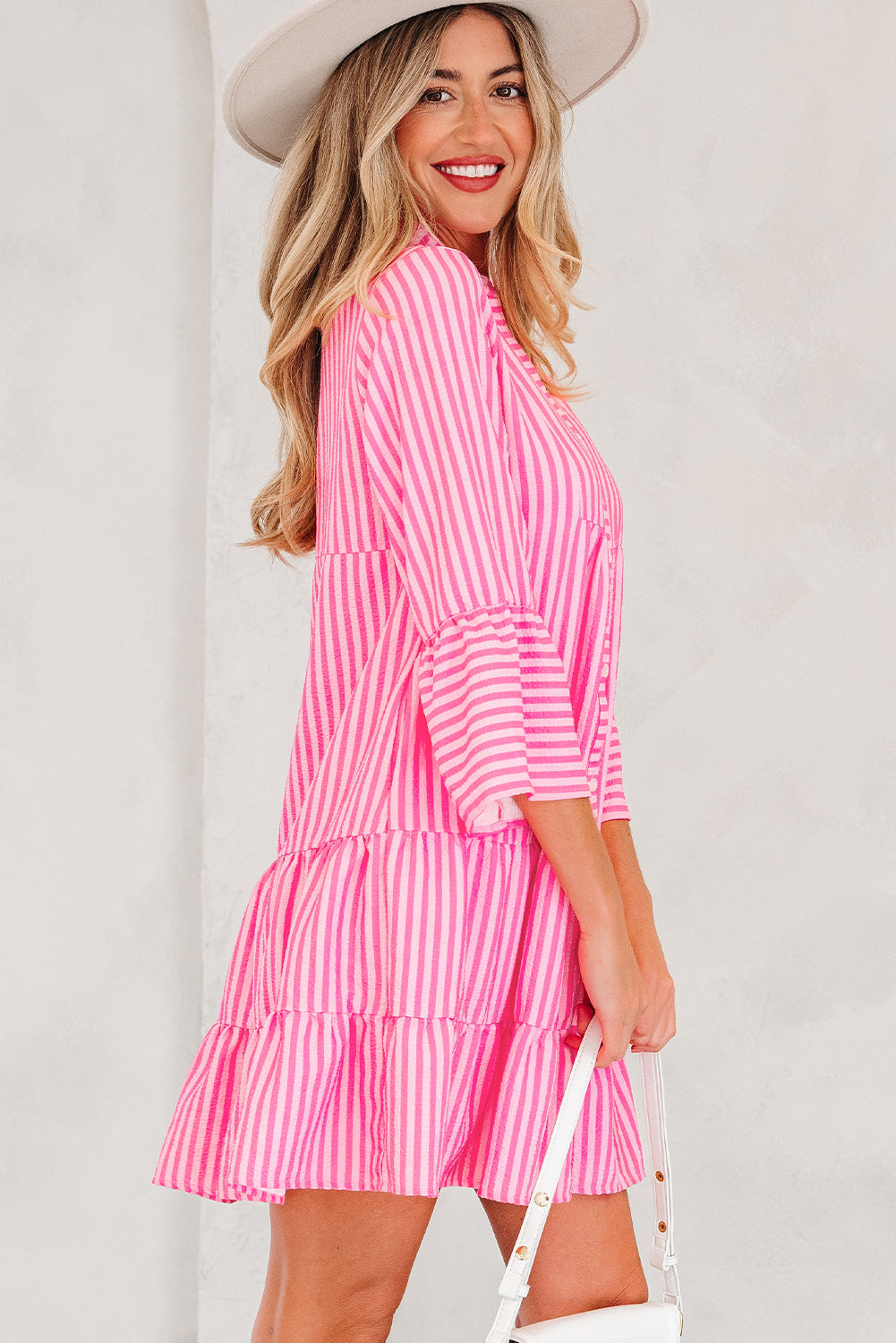 Stripe dFlare Sleeve Half Placket Tiered Flowy Mini Dress - eAura