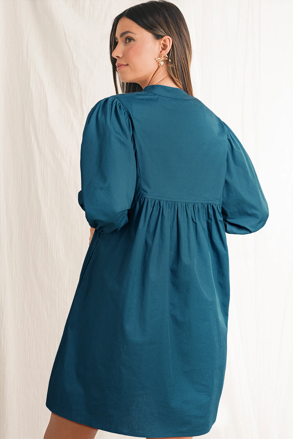 Blue Sapphire Colourblock Split V Neck Puff Sleeve Mini Dress eAura