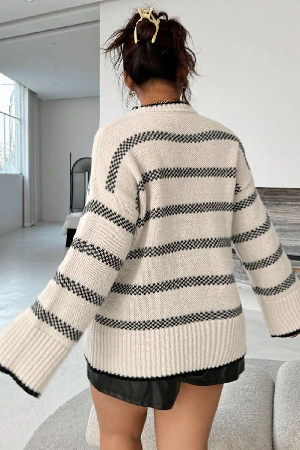 Stripe Wide Sleeve Drop Shoulder Plus Sweater - eAura