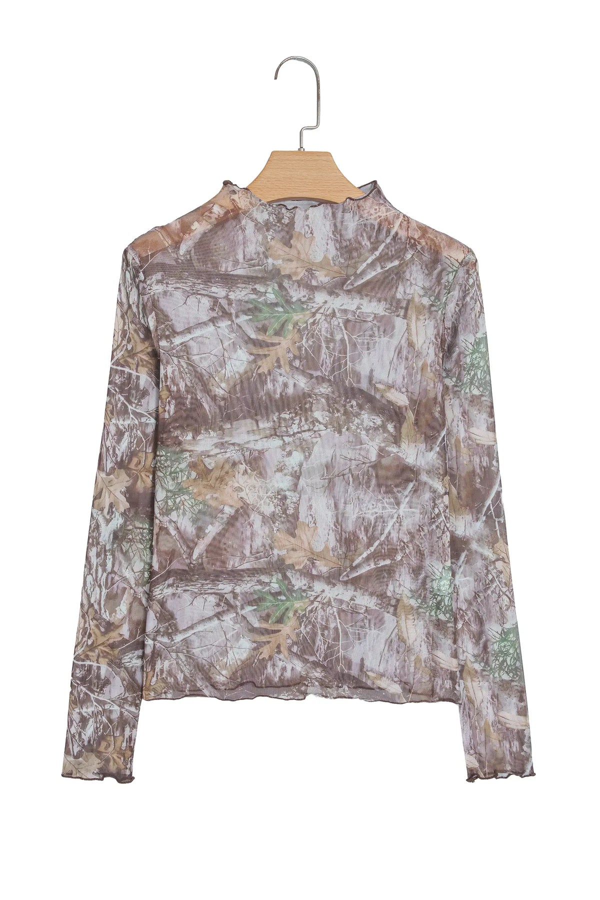 Western Print Slim Fit Mesh Mock Neck Long Sleeve Top