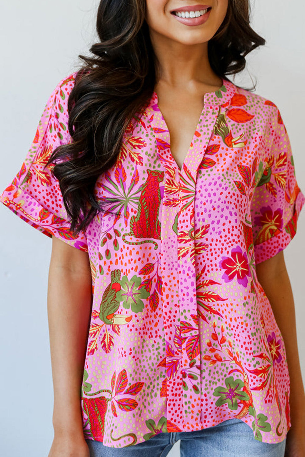Rose Jungle Floral Print Notch V Neck Blouse eAura
