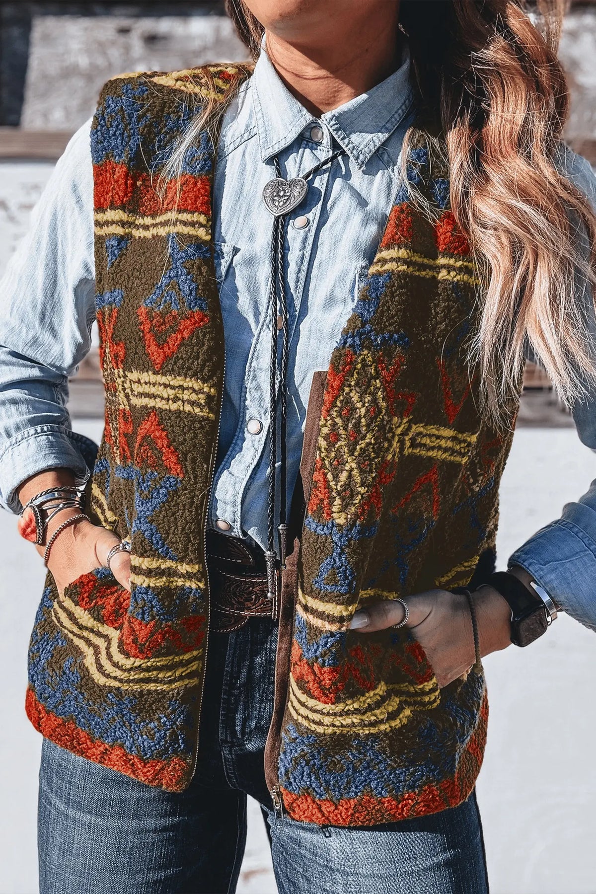 Western Print Faux Fur Metal Zipper Insert Pockets Sleeveless Vest – Multicolour