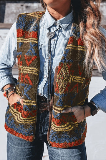 Western Print Faux Fur Metal Zipper Insert Pockets Sleeveless Vest – Multicolour
