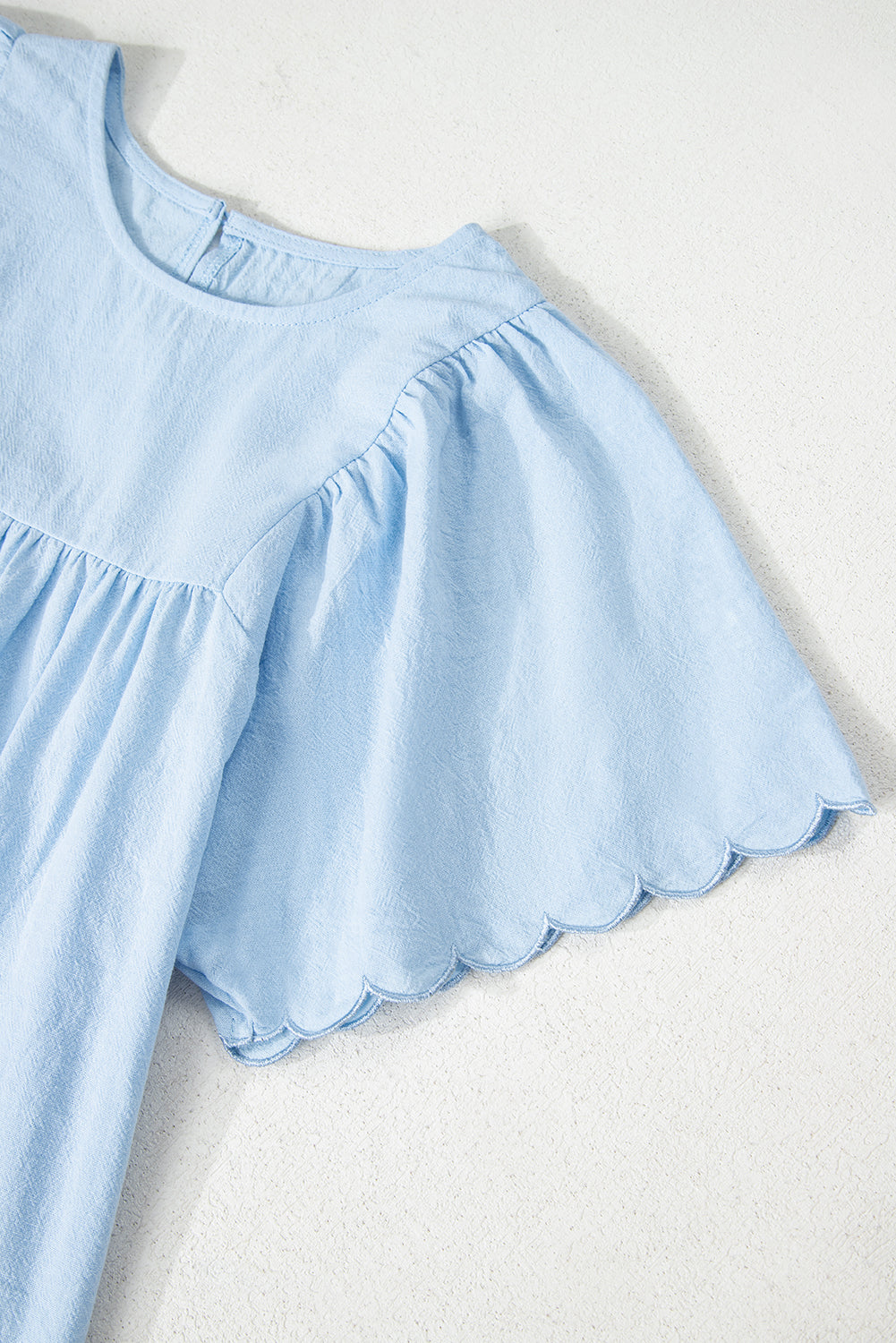 Beau Blue Solid Colour Embroidered Scalloped Sleeves Crew Neck Blouse eAura