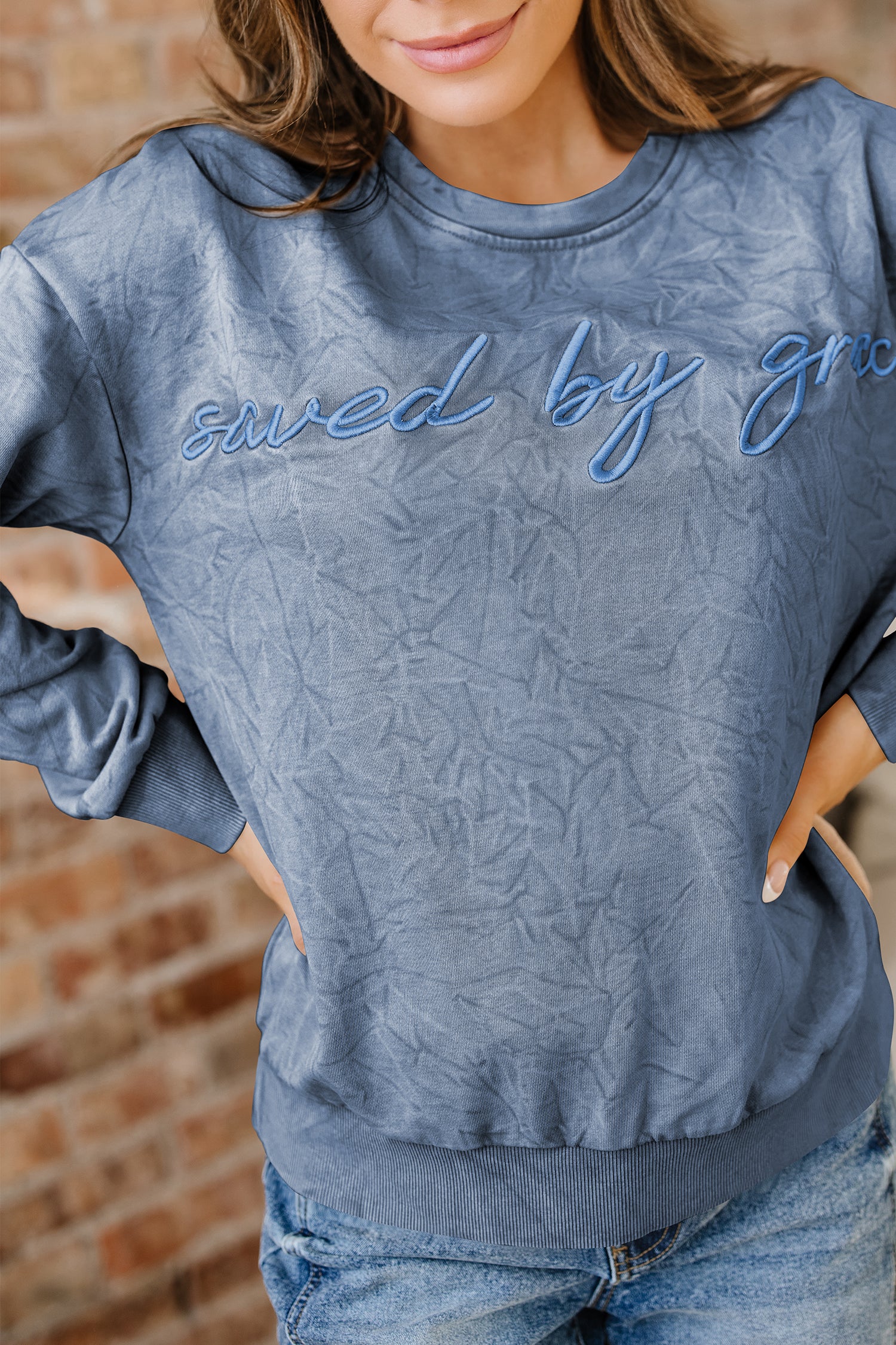 'Saved By Grace' Embroidered Mineral Wash Sweatshirt