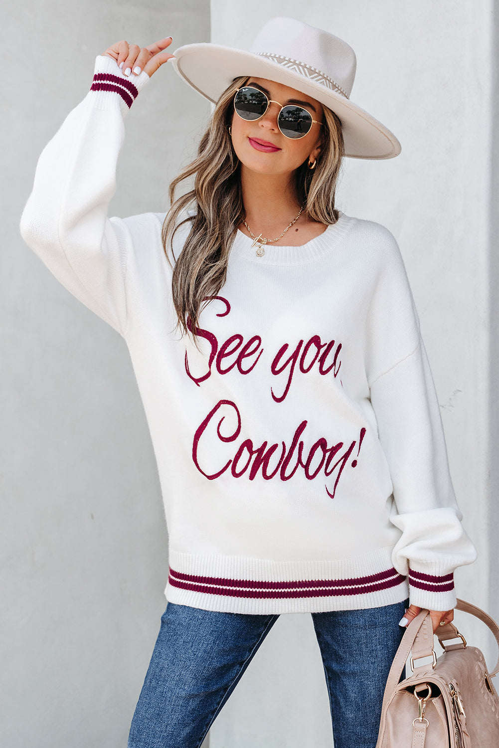White See You Cowboy Embroidered Western Graphic Sweater eAura