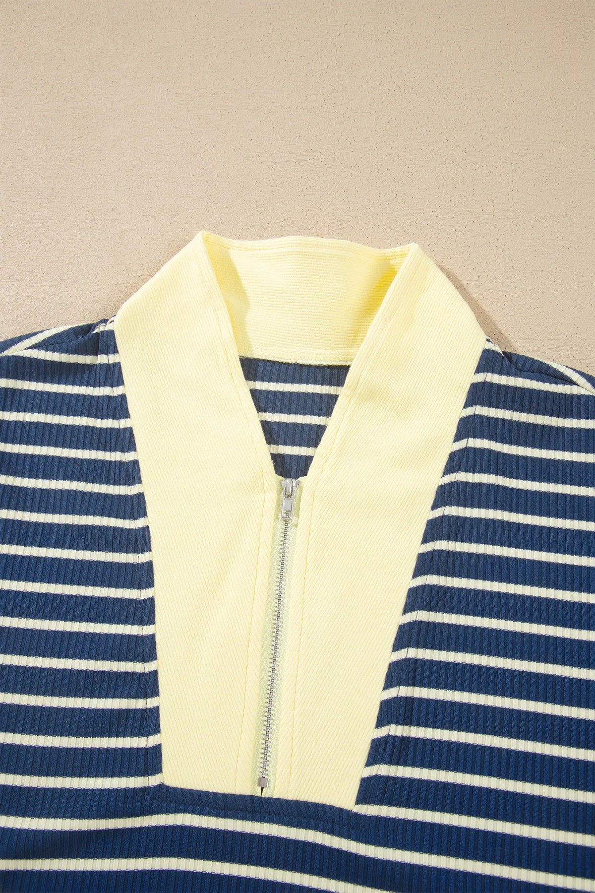 Colour Block Patchwork Zip V Neck Pullover Loose Pants 2pcs Set – Blue Stripe