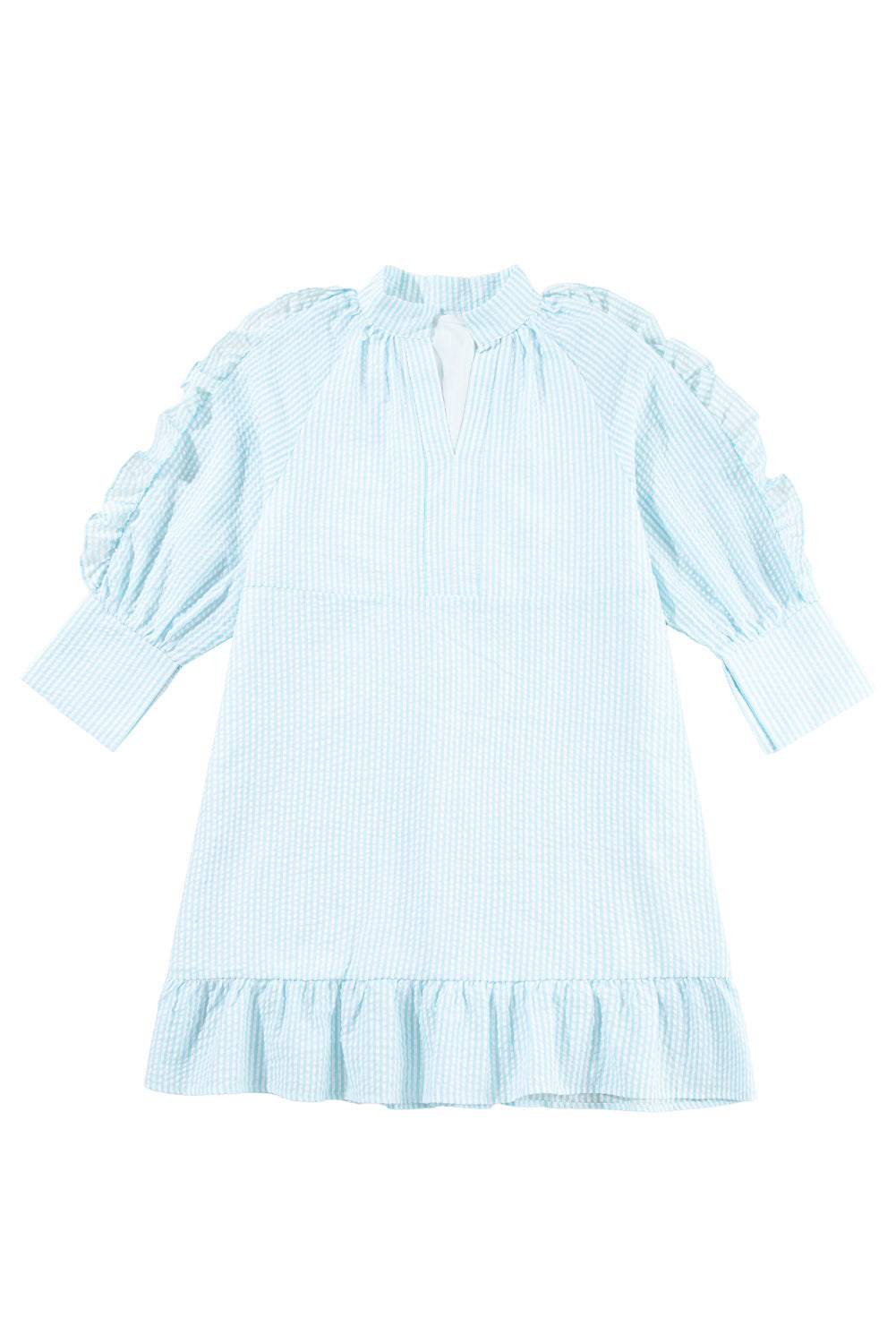 Myosotis Seersucker Ruffled Puff Sleeve Stand Neck Mini Dress Beagle Boutique Fashion Outlet