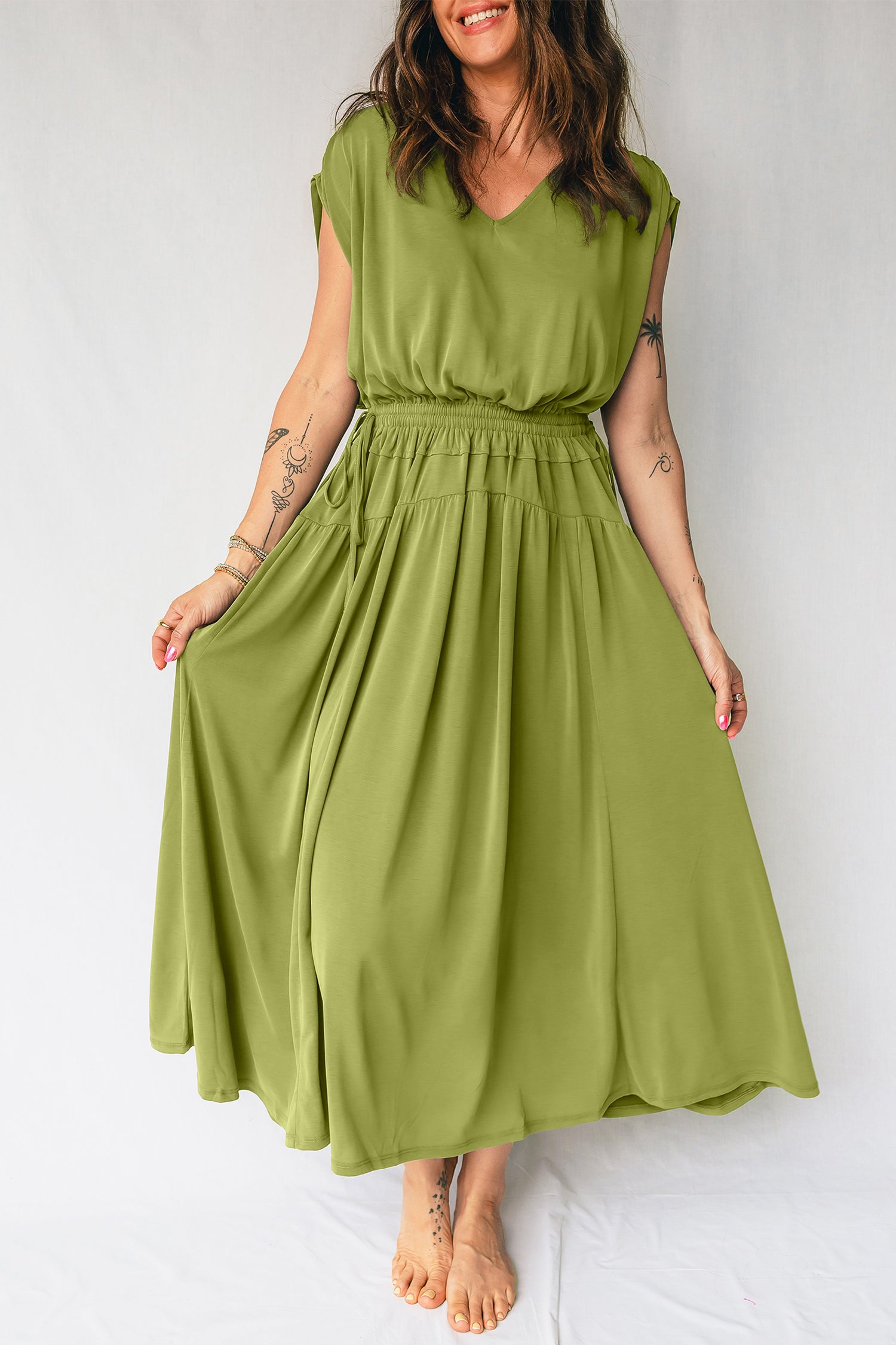 V-Neck Cap Sleeve Tunic Elastic Waist Versatile Maxi Dress