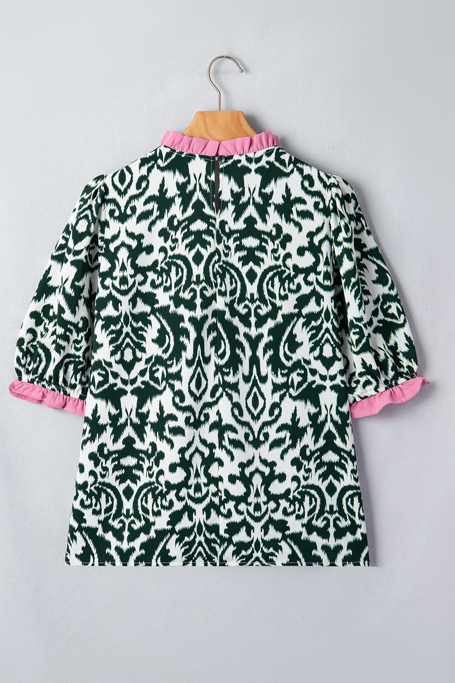 Damask Print Ruffle Colour Block Puff Sleeve Blouse