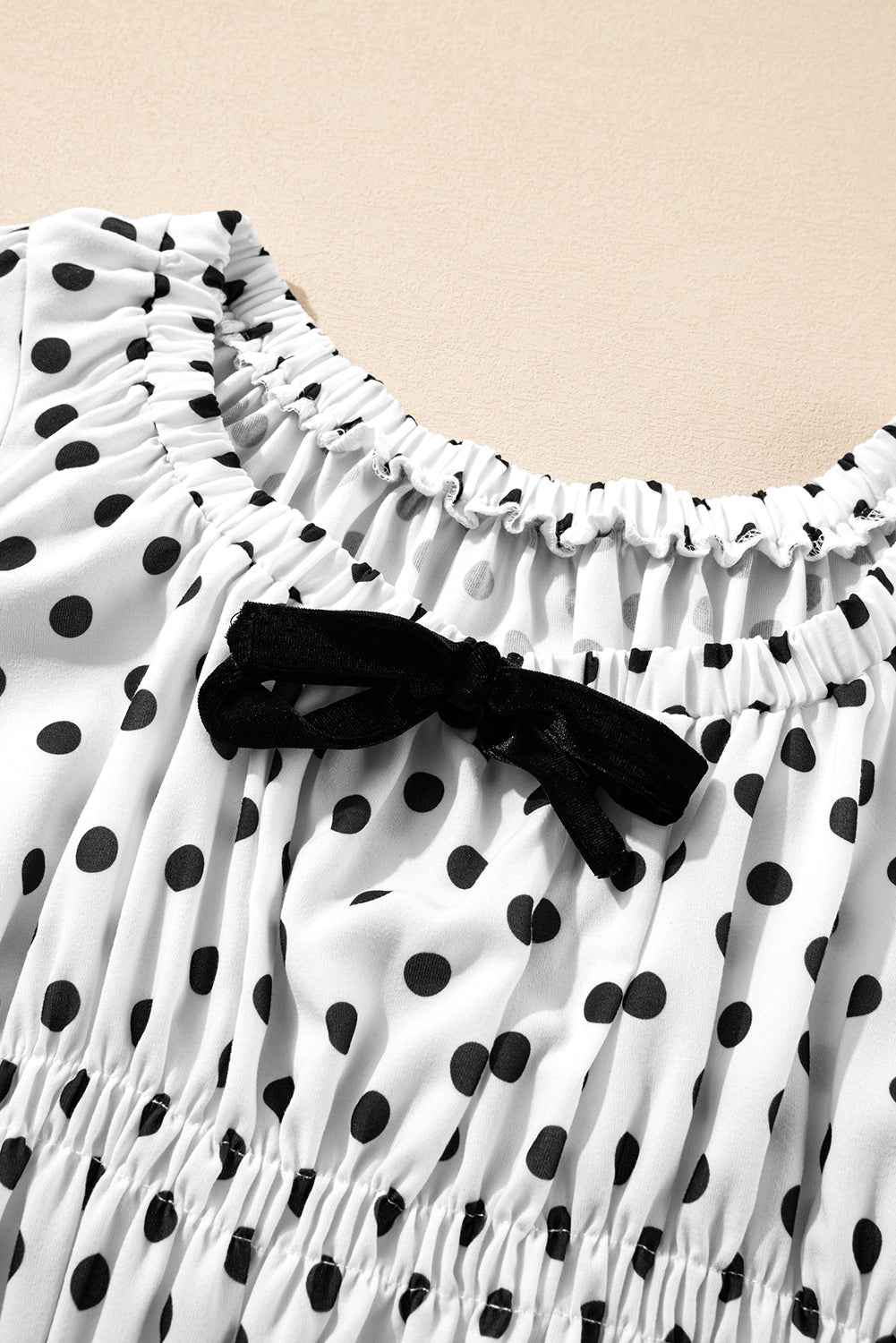 Black Polka Dot Puff Sleeve Bow Square Neck Peplum Top eAura