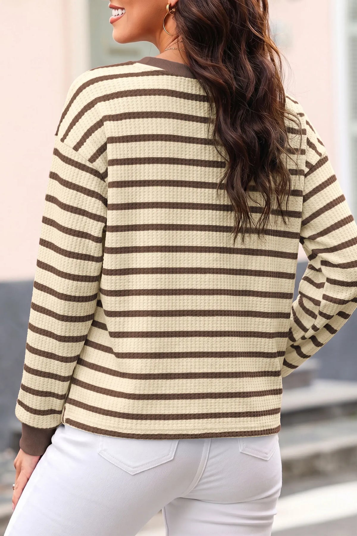 Patchwork Ribbed Cuff Casual Pullover Sweatshirt – Brown Stripe