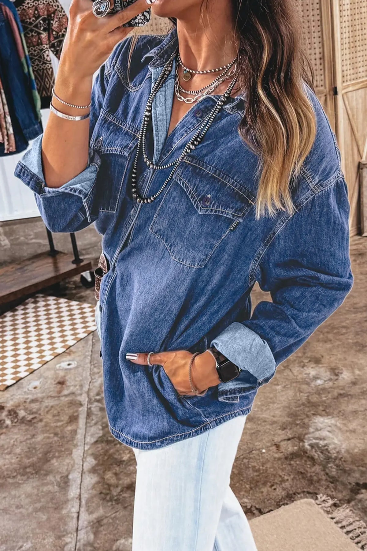 Western Patch Pockets Tunic Length Long Sleeve Denim Shirt – Sail Blue