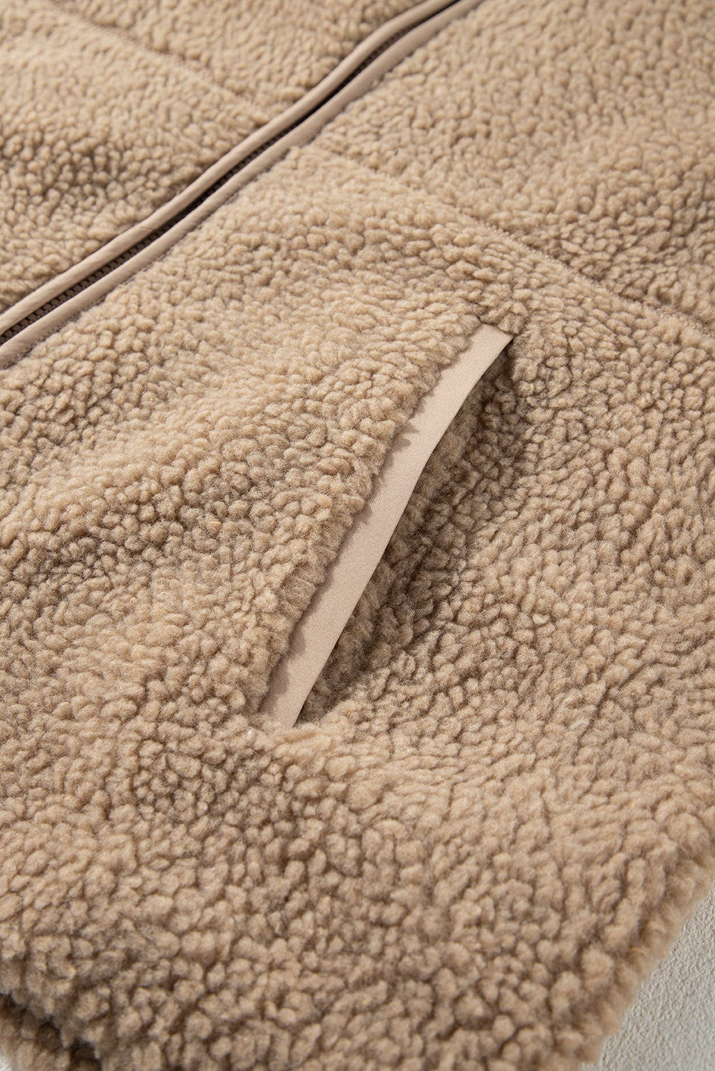 Pale Khaki Fleece Zip Up Drawstring Hooded Pocketed Jacket eAura