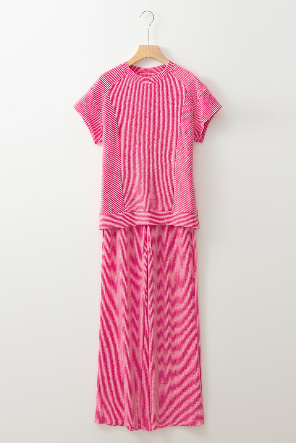 Bright Pink Solid Ribbed Knit Short Sleeve T Shirt and Wide Leg Trousers Set eAura