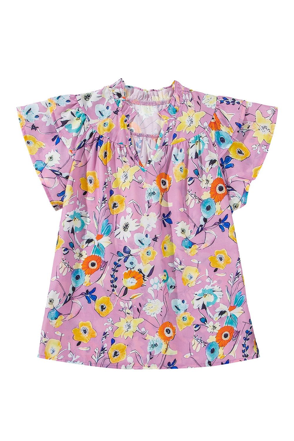 Pink Flutter Sleeve V Neck Floral Top eAura