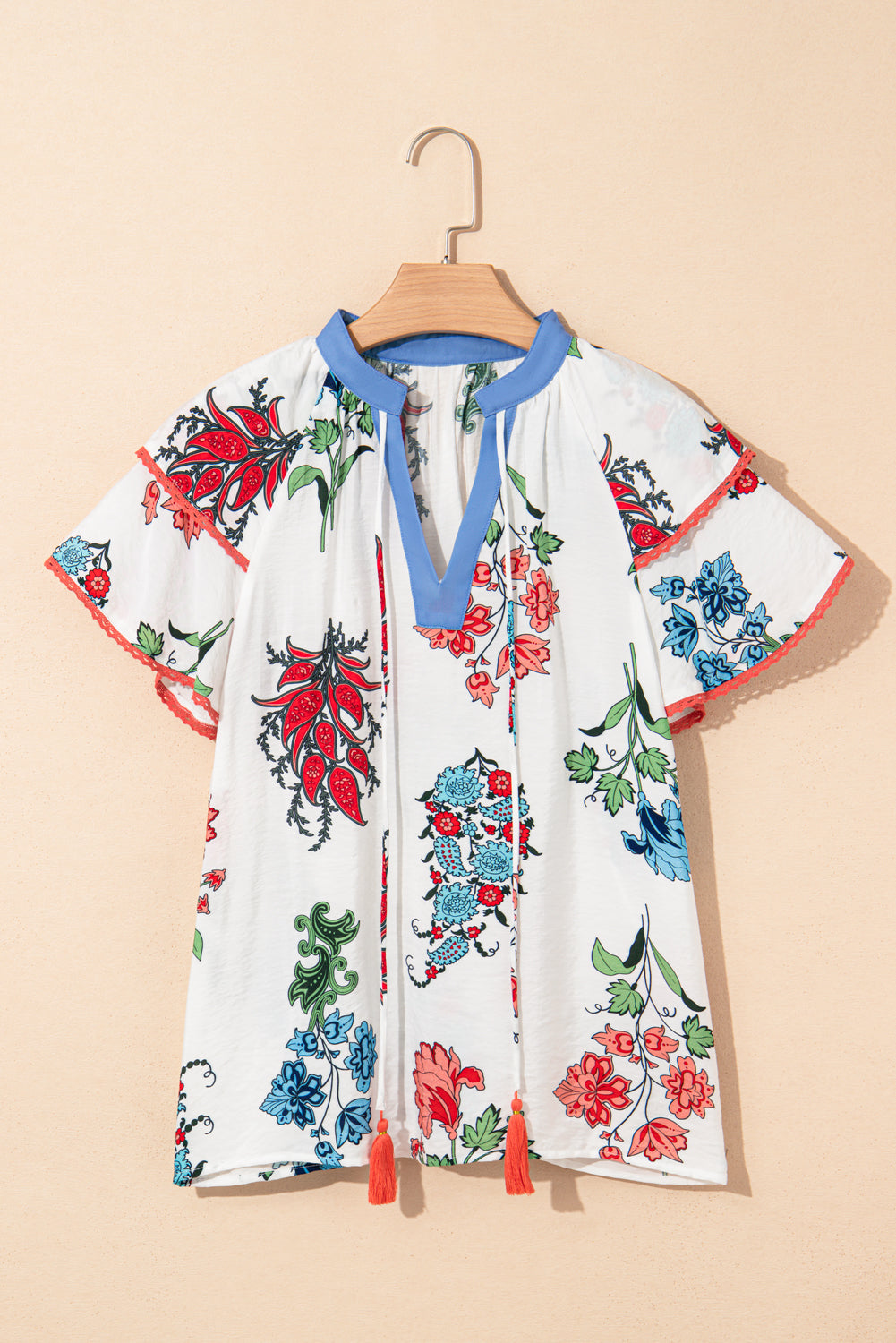 White Floral Print Contrast V Neck Tassel Tie Lace Detail Short Sleeve Blouse eAura