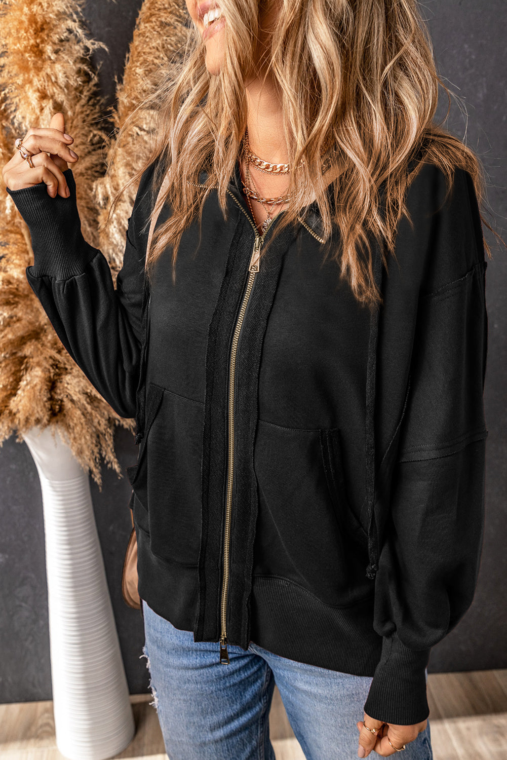 Raw Edge Exposed Seam Full Zip Hoodie eAura