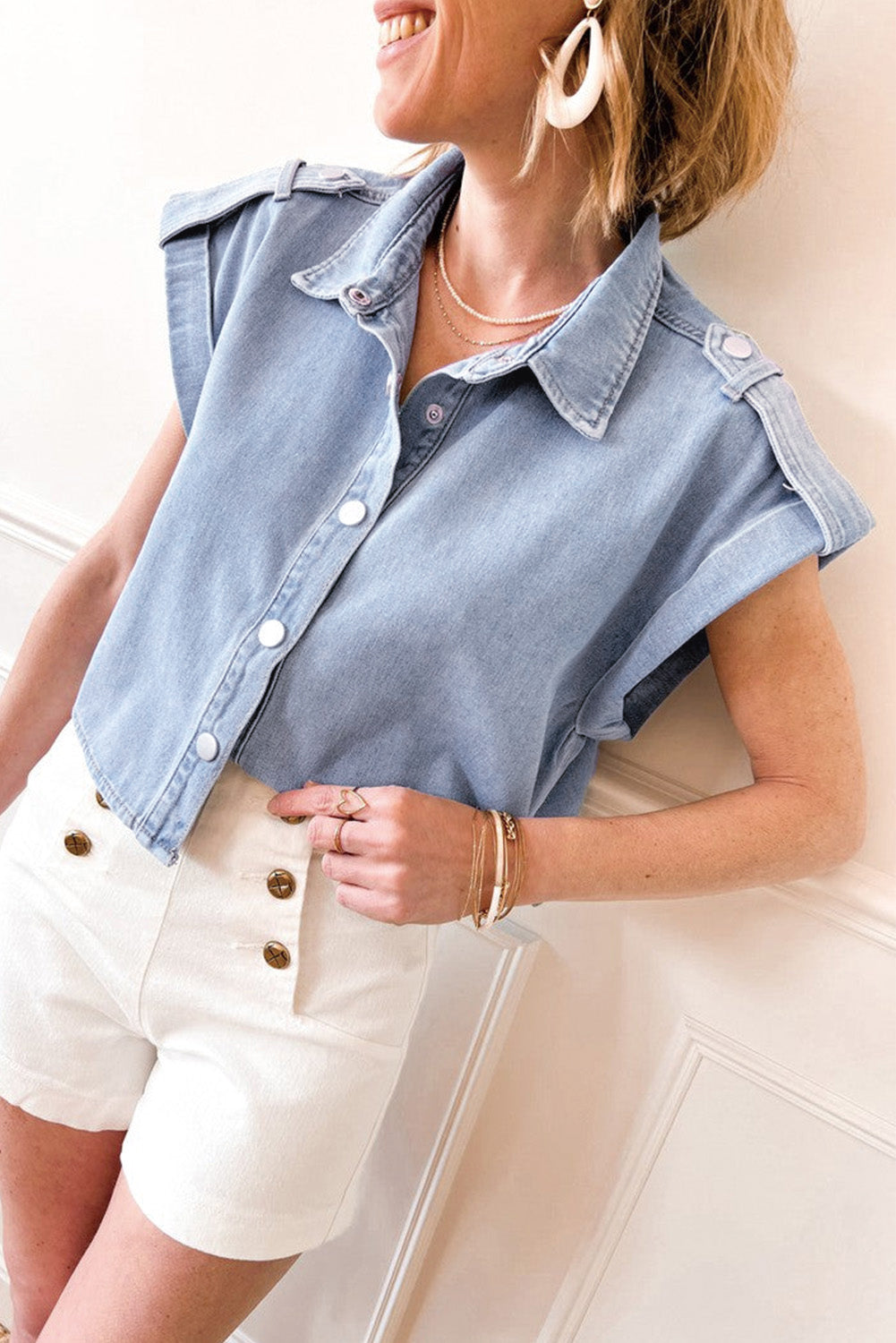 Dusk Blue Denim Pinup Folded Cap Sleeve Shirt eAura