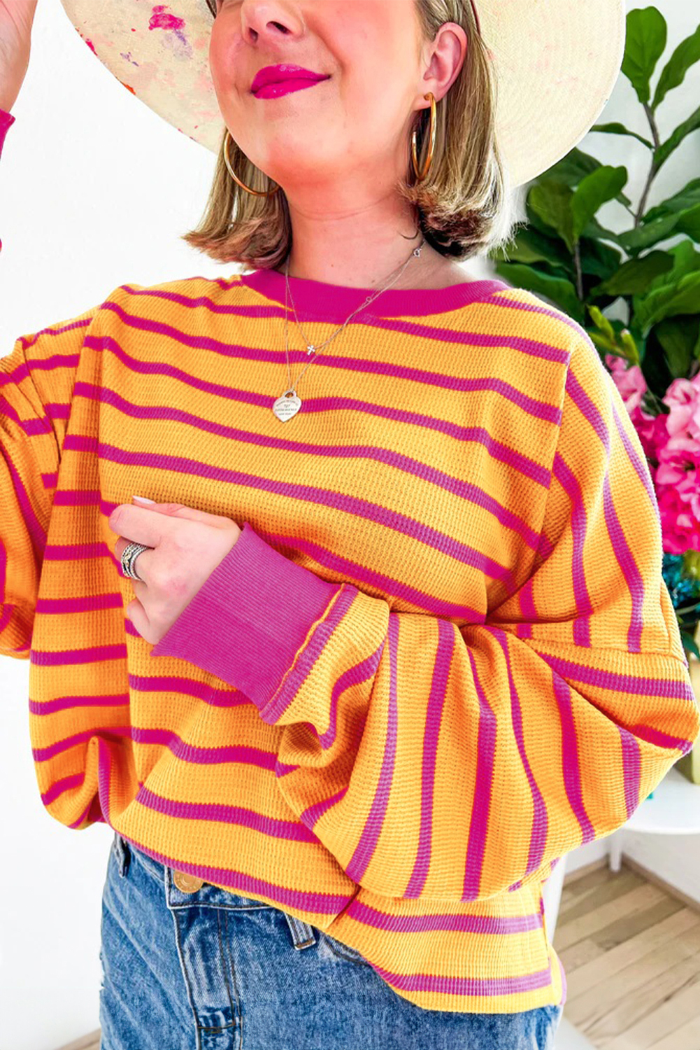 Orange Stripe Trimmed Round Neck Drop Shoulder Loose Sweater eAura