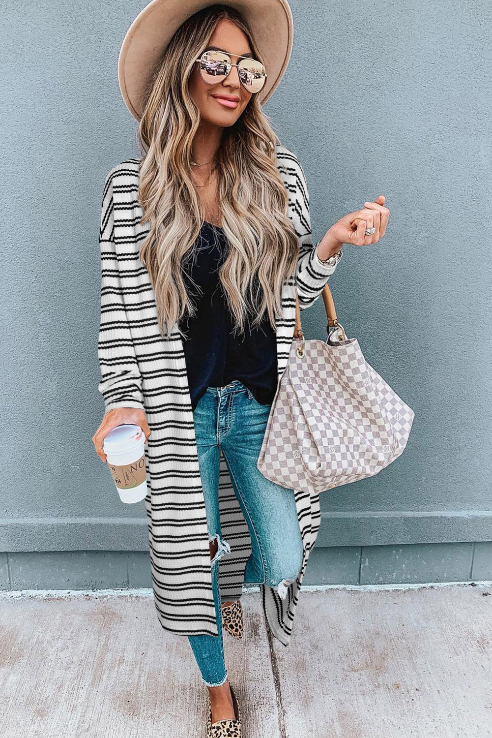 Black Stripe Print Open Front Duster Cardigan eAura