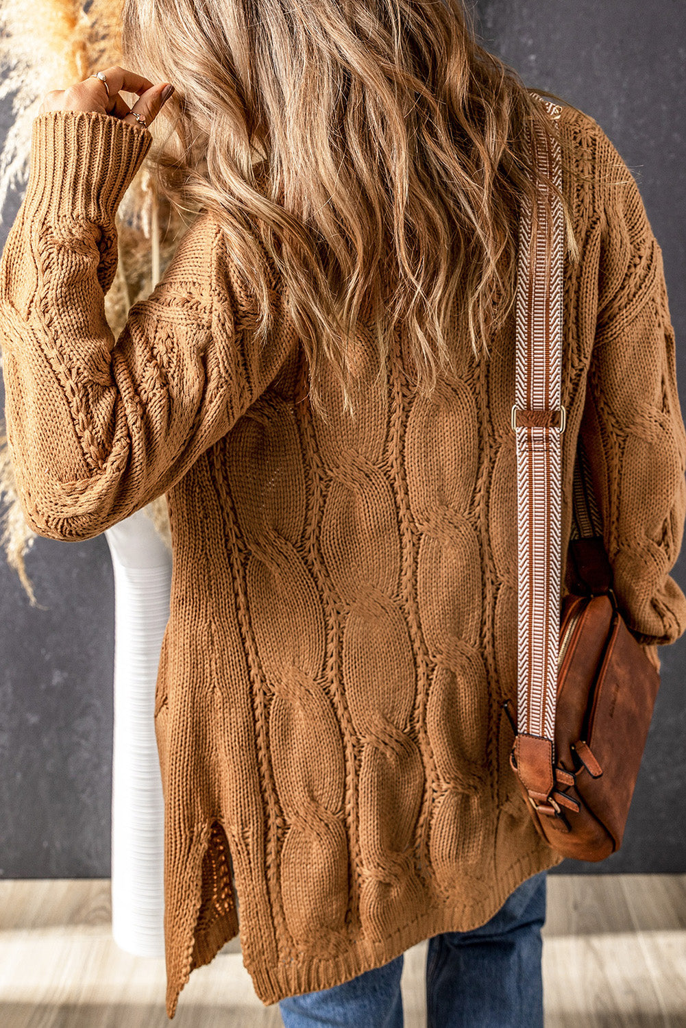 Khaki Ribbed Trim Eyelet Cable Knit Cardigan eAura
