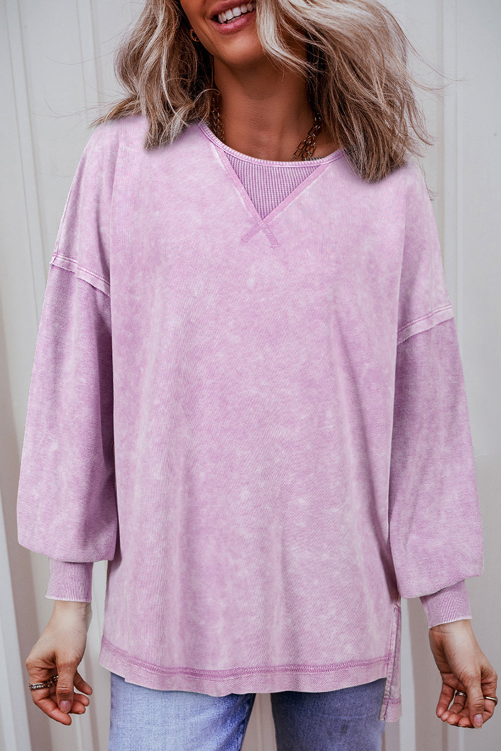 Orchid Petal Mineral Wash Drop Shoulder Pullover Sweatshirt eAura