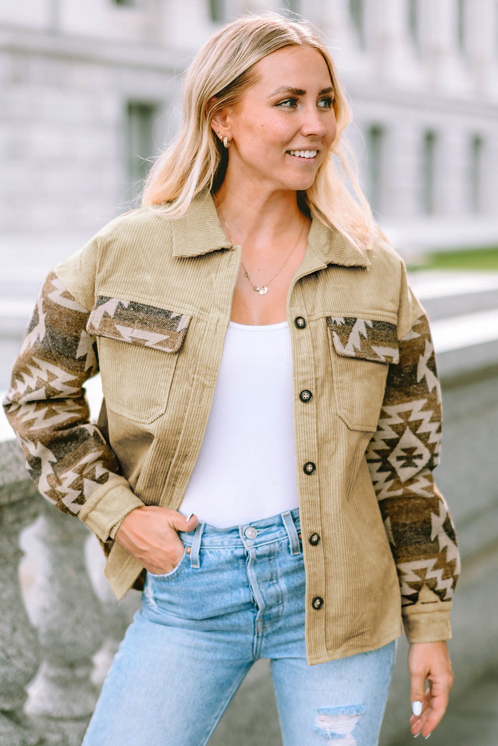 Khaki Aztec Print Patchwork Frayed Edge Corduroy Jacket eAura
