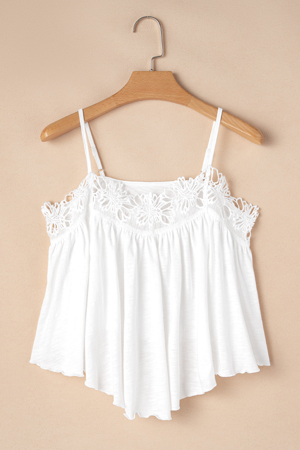White Lace Splicing Spaghetti Straps Ruffle Flared Vest Top eAura