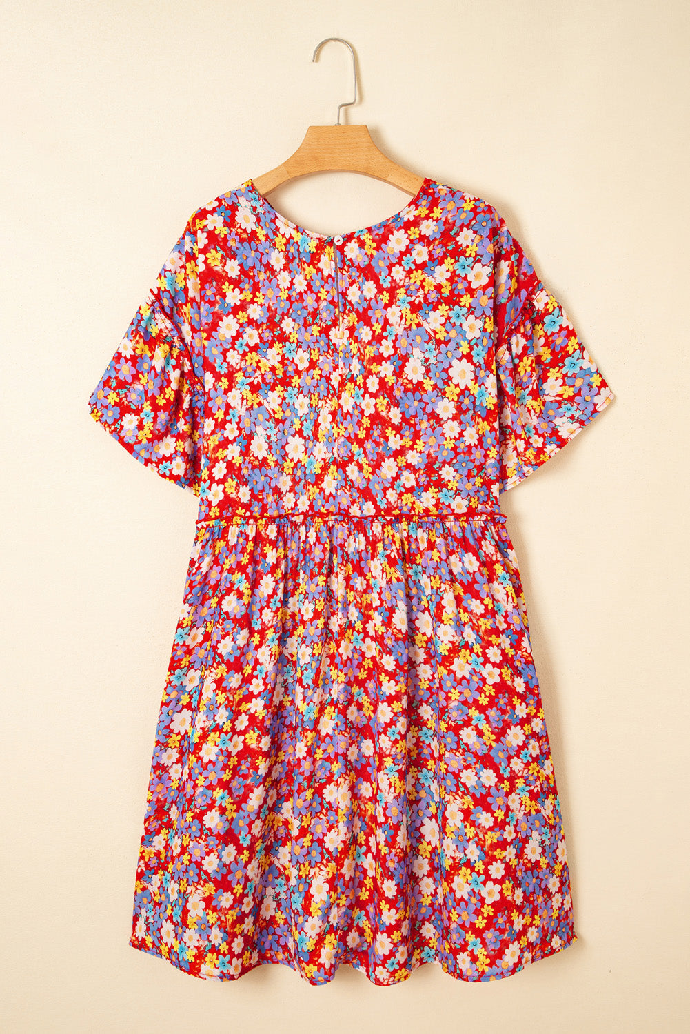 Red Dainty Flower Printed Plus Size Short Sleeve Shift Dress BB Fashion Outlet