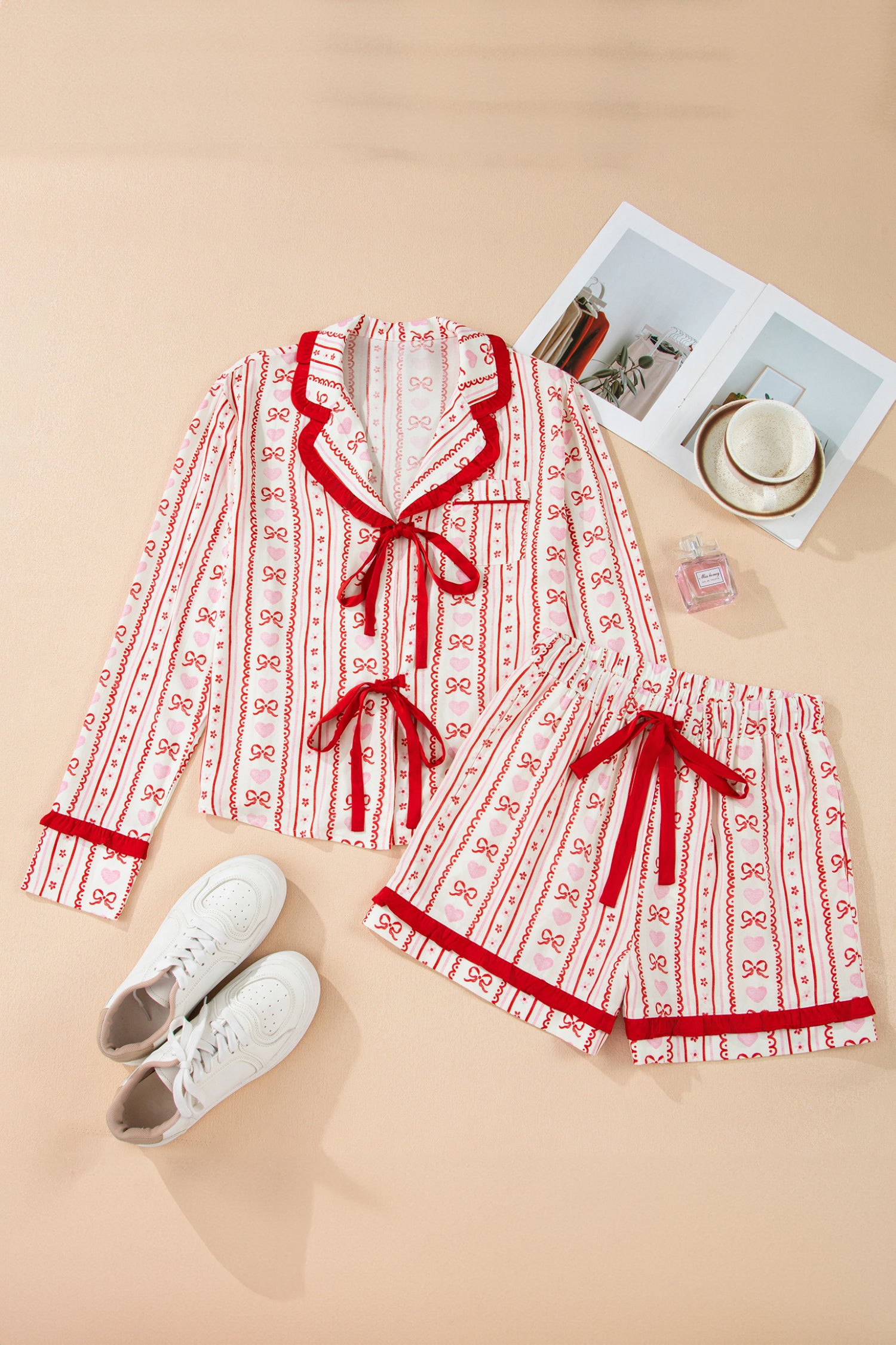 Sweet Floral Heart Bow Print Contrast Trim Long Sleeve Shirt Pajama Short Set – Red