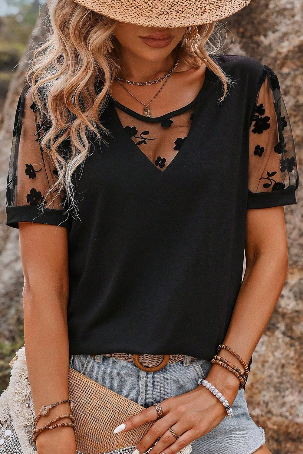 Black Flora Lace Patchwork Crew Neck T Shirt eAura