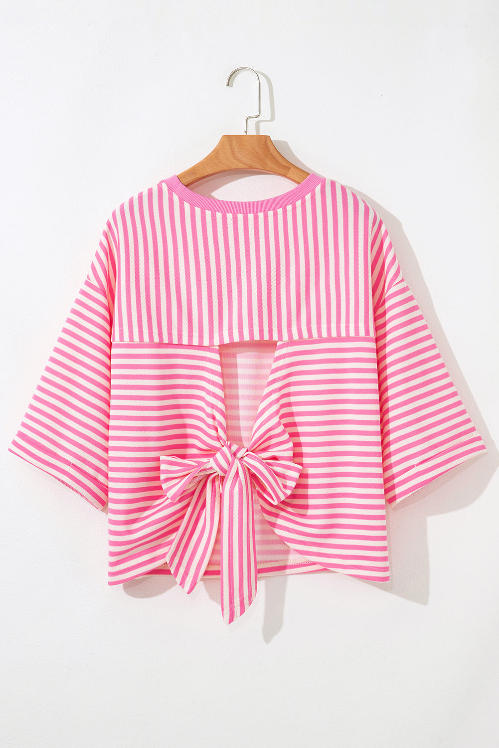 Pink Stripe Bowknot Cutout Back Drop Shoulder Wide Bracelet Sleeve Loose Tee eAura