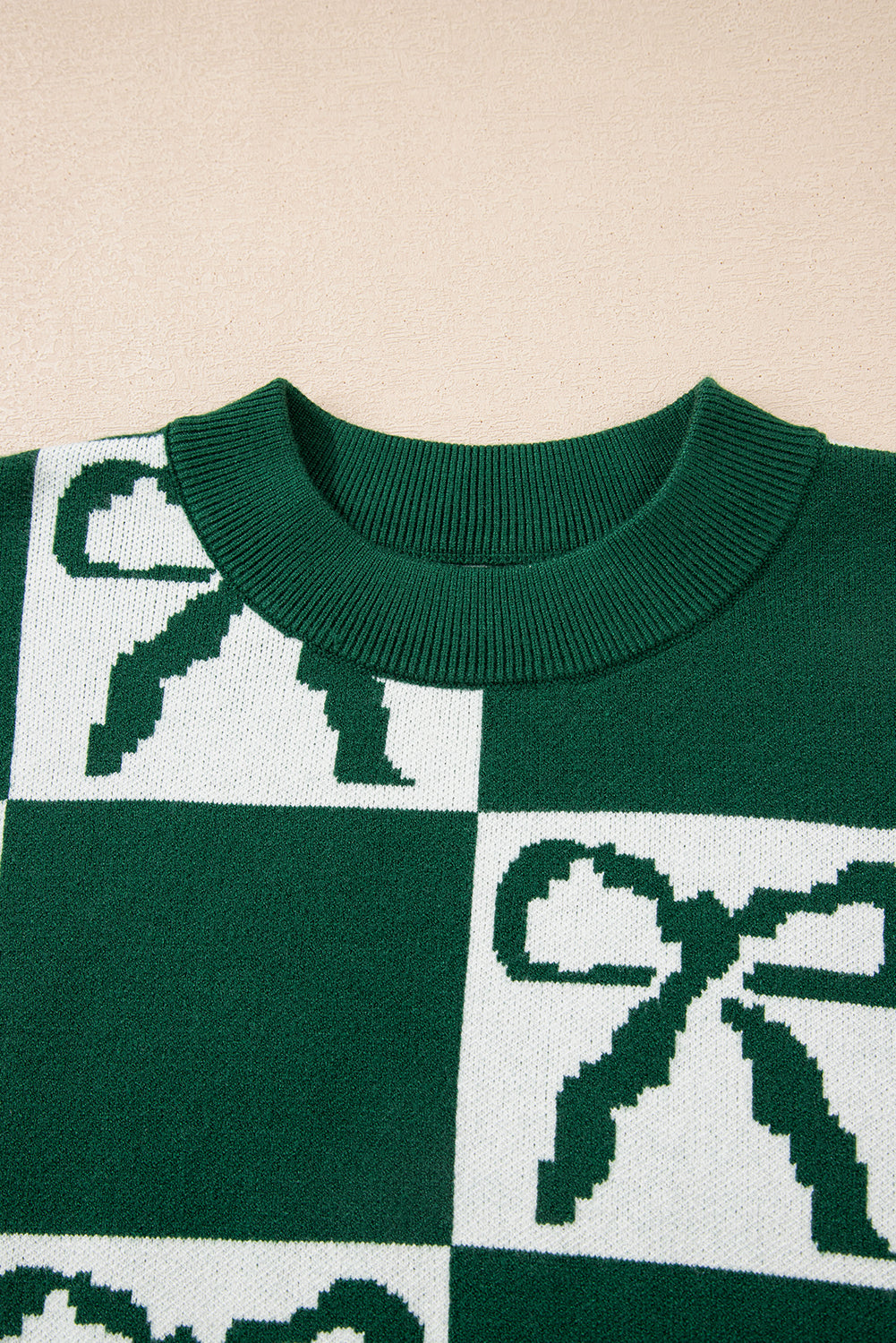 Green Checkered Bow Print Casual Sweater - eAura