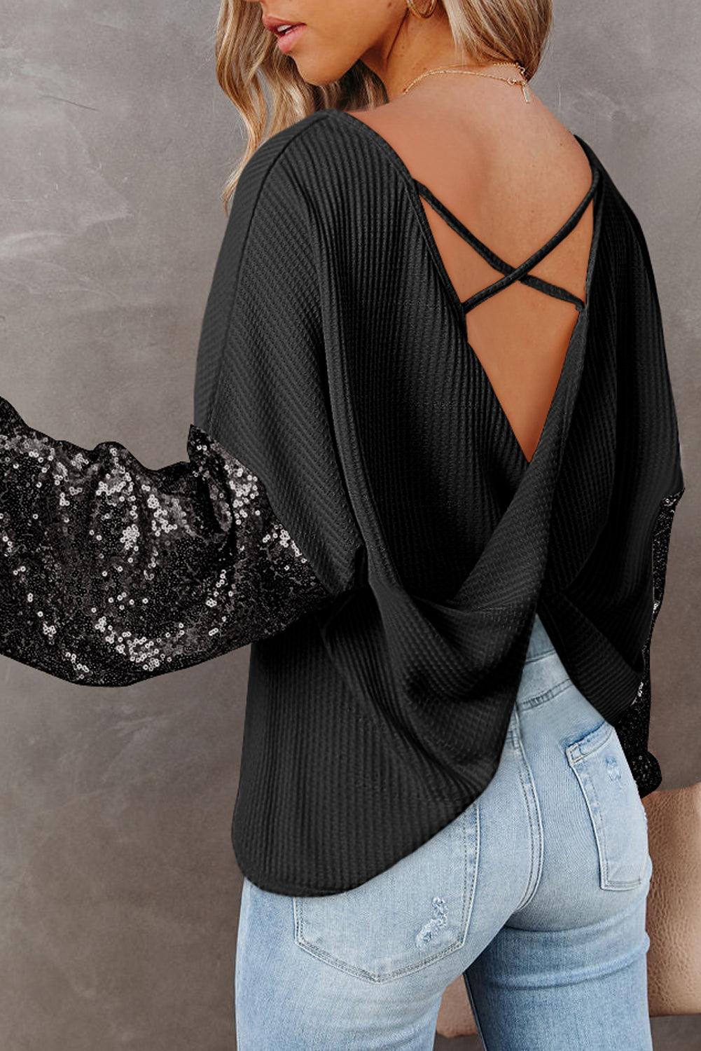 Black Sequin Patchwork Sleeve Open Back Waffle Knit Top eAura